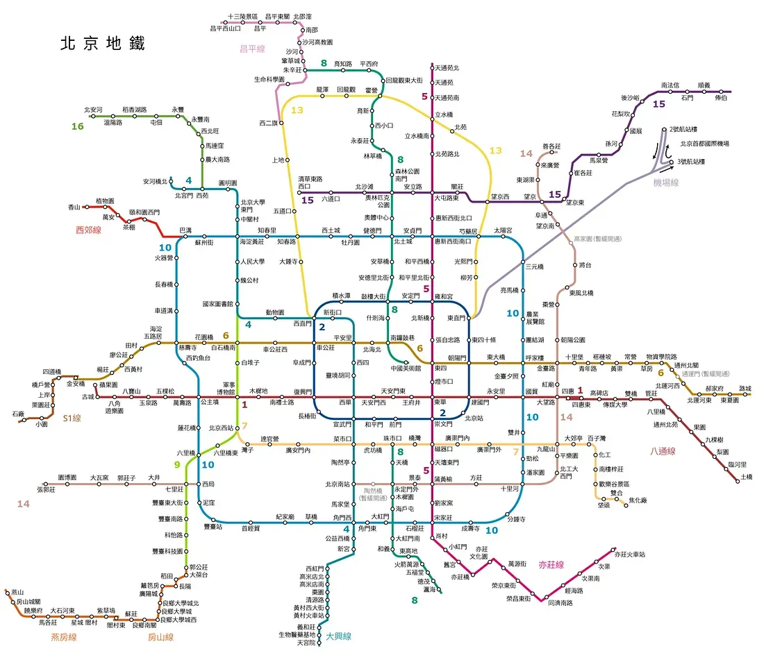 北京地鐵路線圖(圖片來源:維基百科)